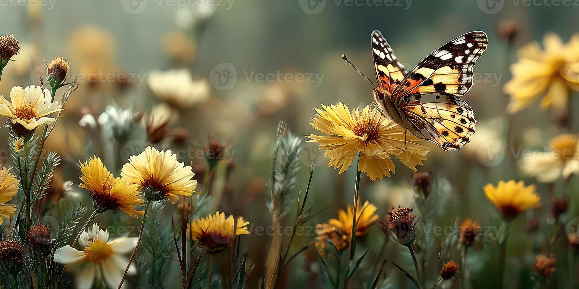 Colorful butterfly resting on vibrant yellow flowers in a serene garden during a sunny afternoon photo