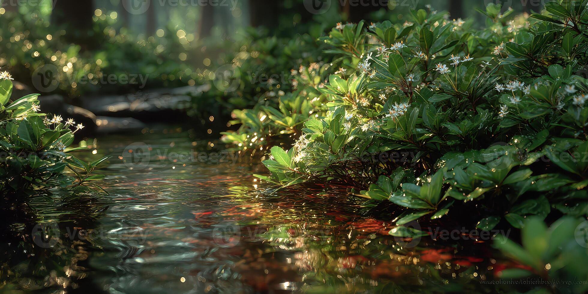 Tranquil stream surrounded by lush greenery and delicate flowers in a serene forest setting at dawn photo