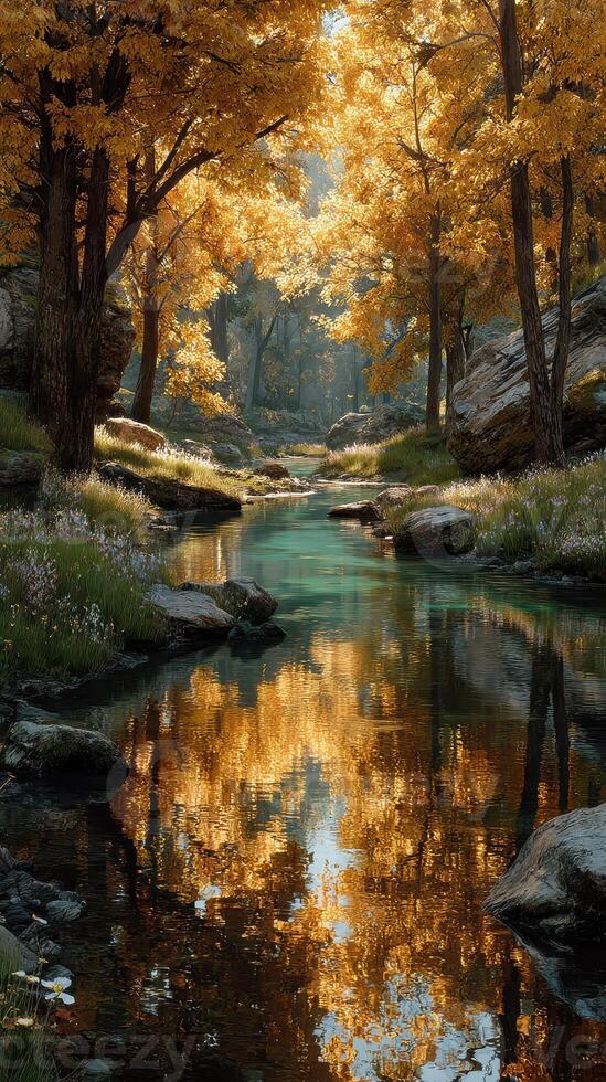 Autumn landscape with golden leaves reflecting in a serene river surrounded by rocks and greenery photo