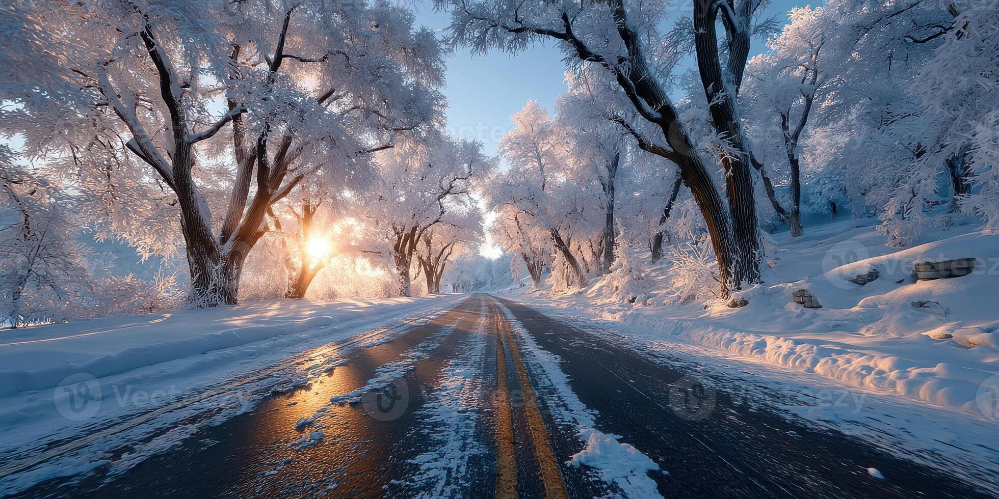 Winter road lined with frost-covered trees during sunrise creating a serene landscape photo