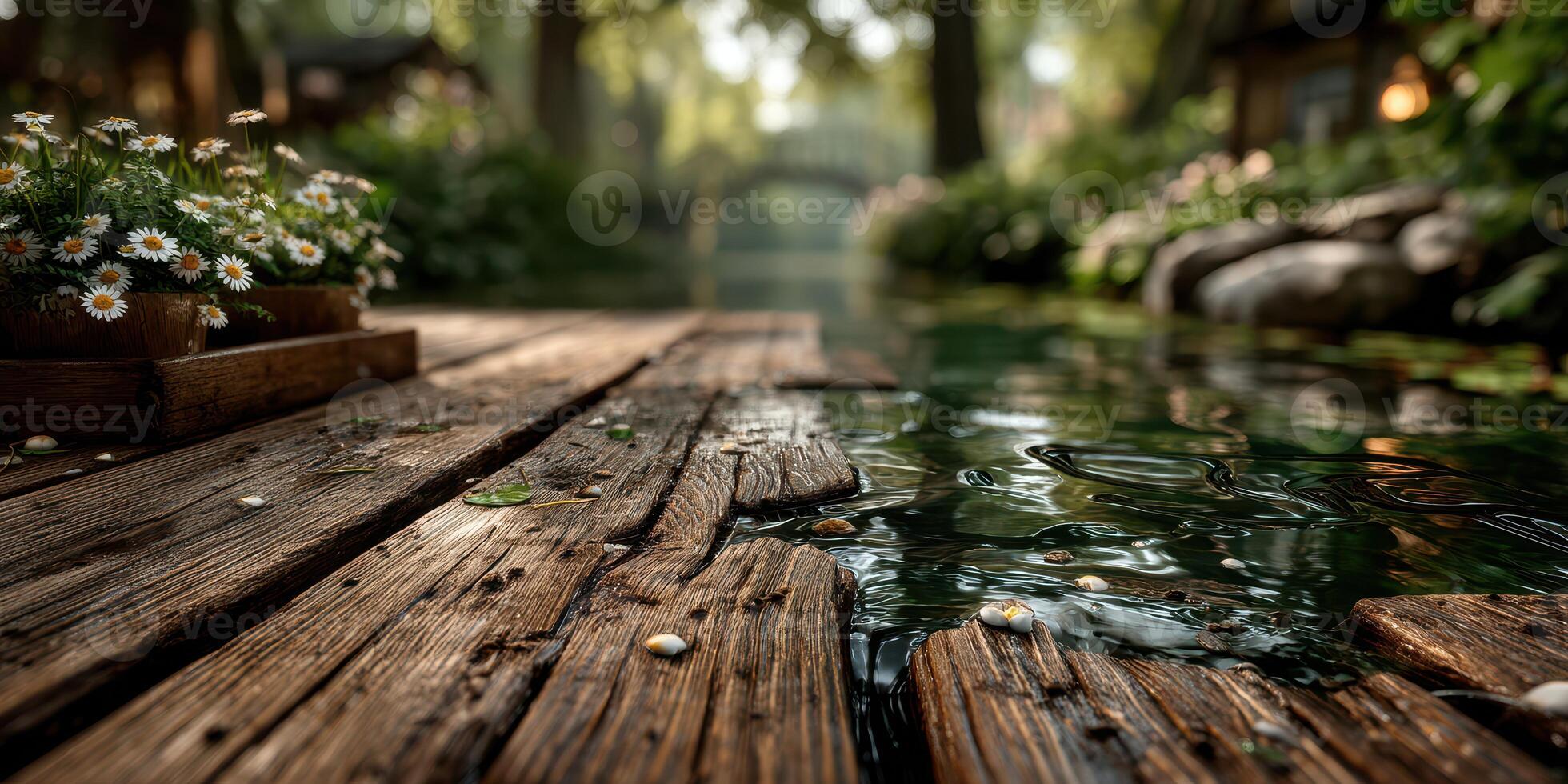 Water reflects greenery and flowers near a wooden walkway at a serene riverside location during a sunny afternoon photo