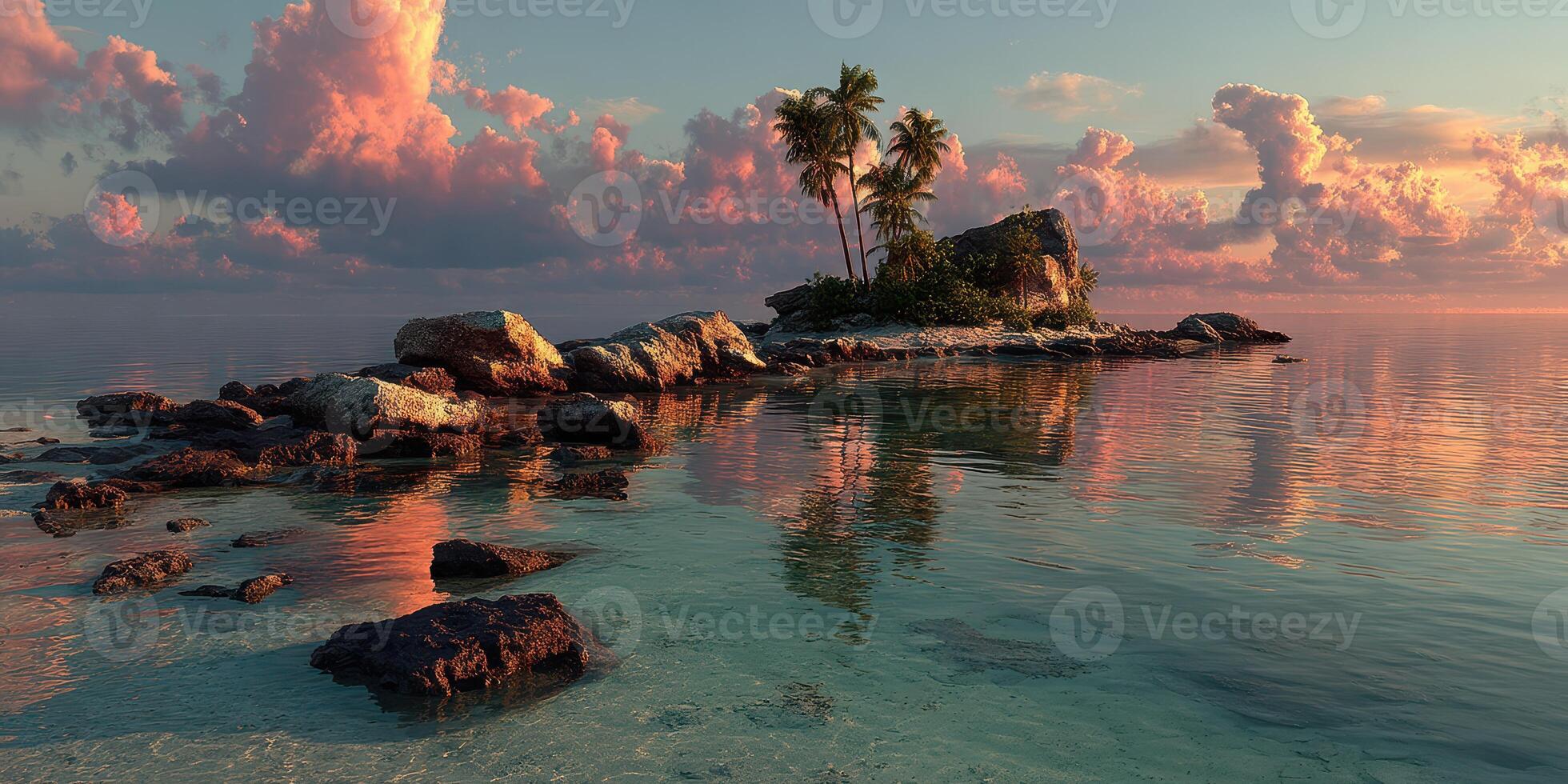 Sunset view over a serene tropical island with palm trees and rocky shores in calm waters photo