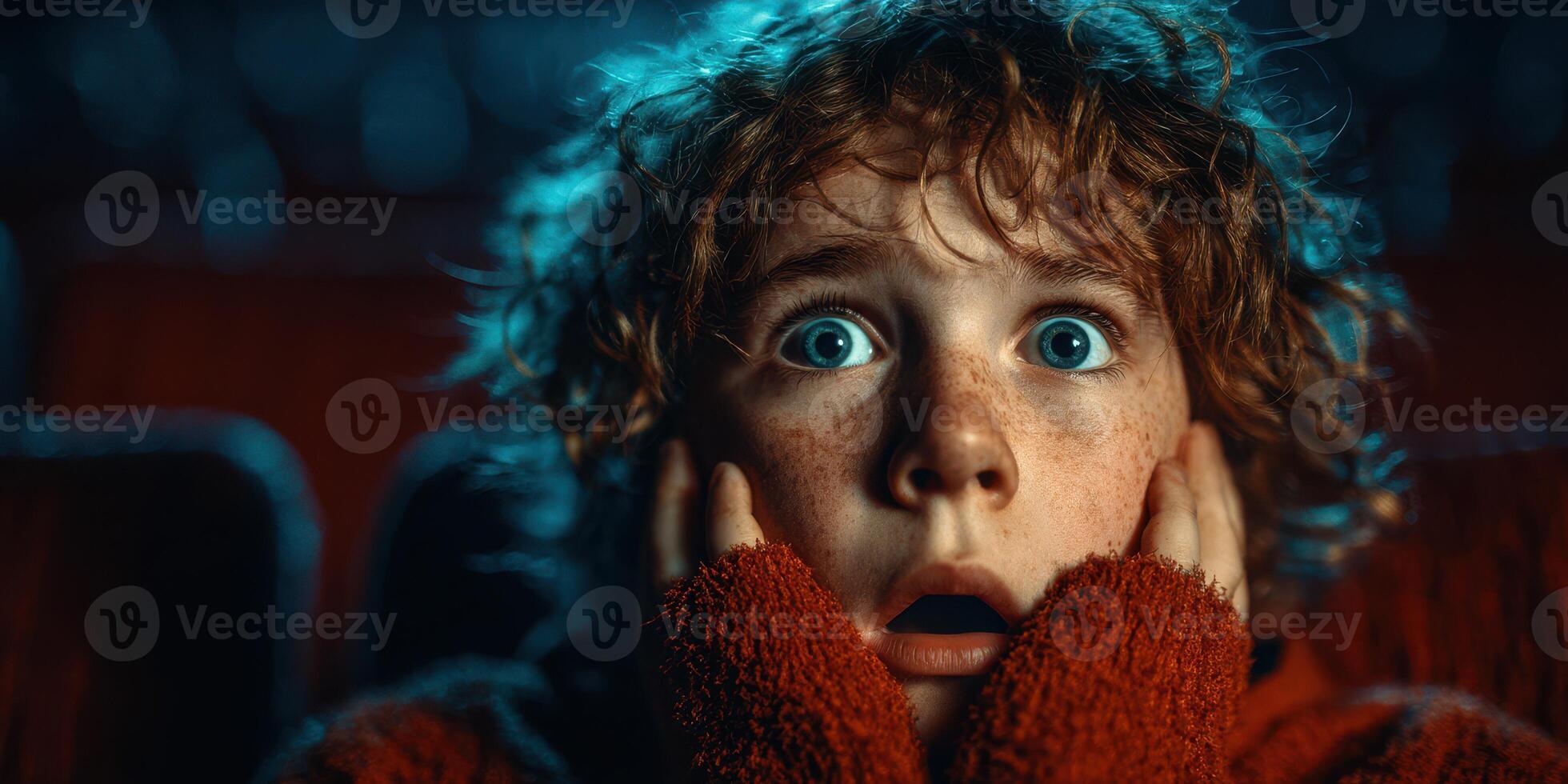 Child expresses fear while watching a suspenseful film in a crowded theater during the evening hours photo