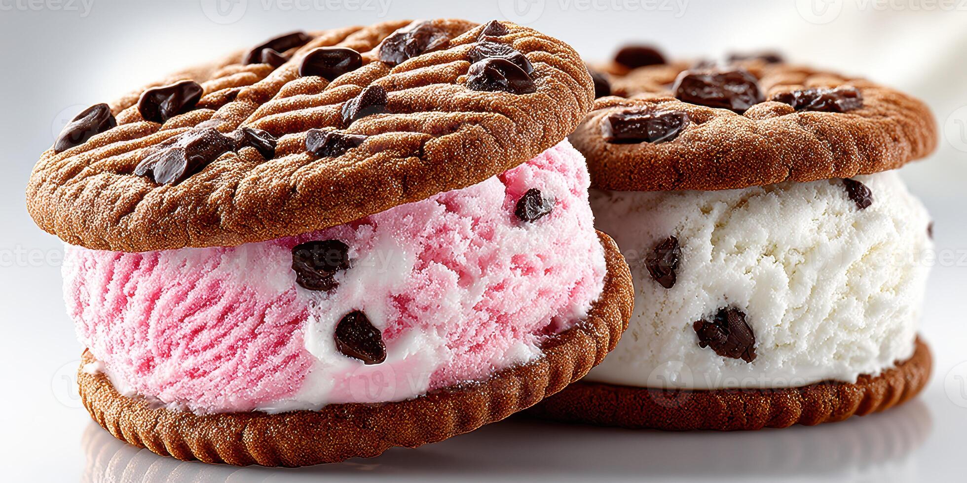 Delicious ice cream sandwiches featuring chocolate chip cookies and colorful ice cream during a summer day photo