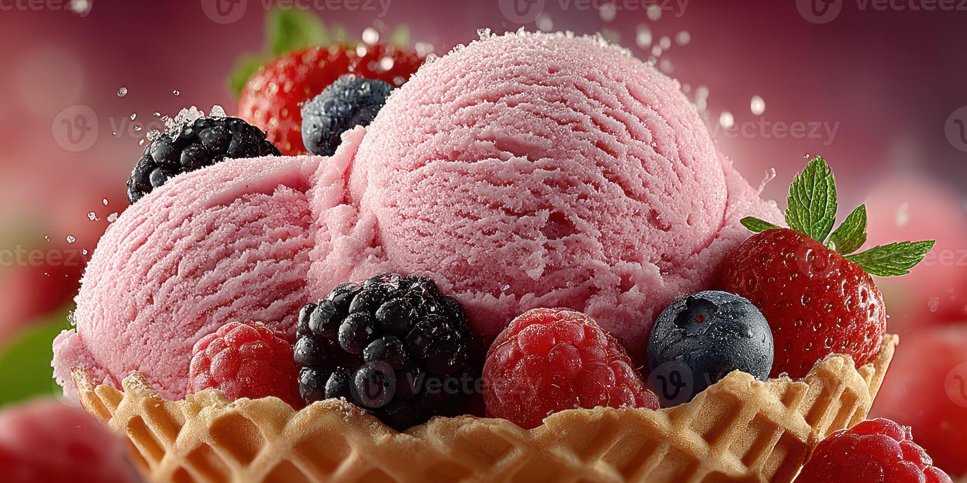 Delicious berry ice cream served in a crispy waffle cone with fresh fruit topping during summer picnic photo