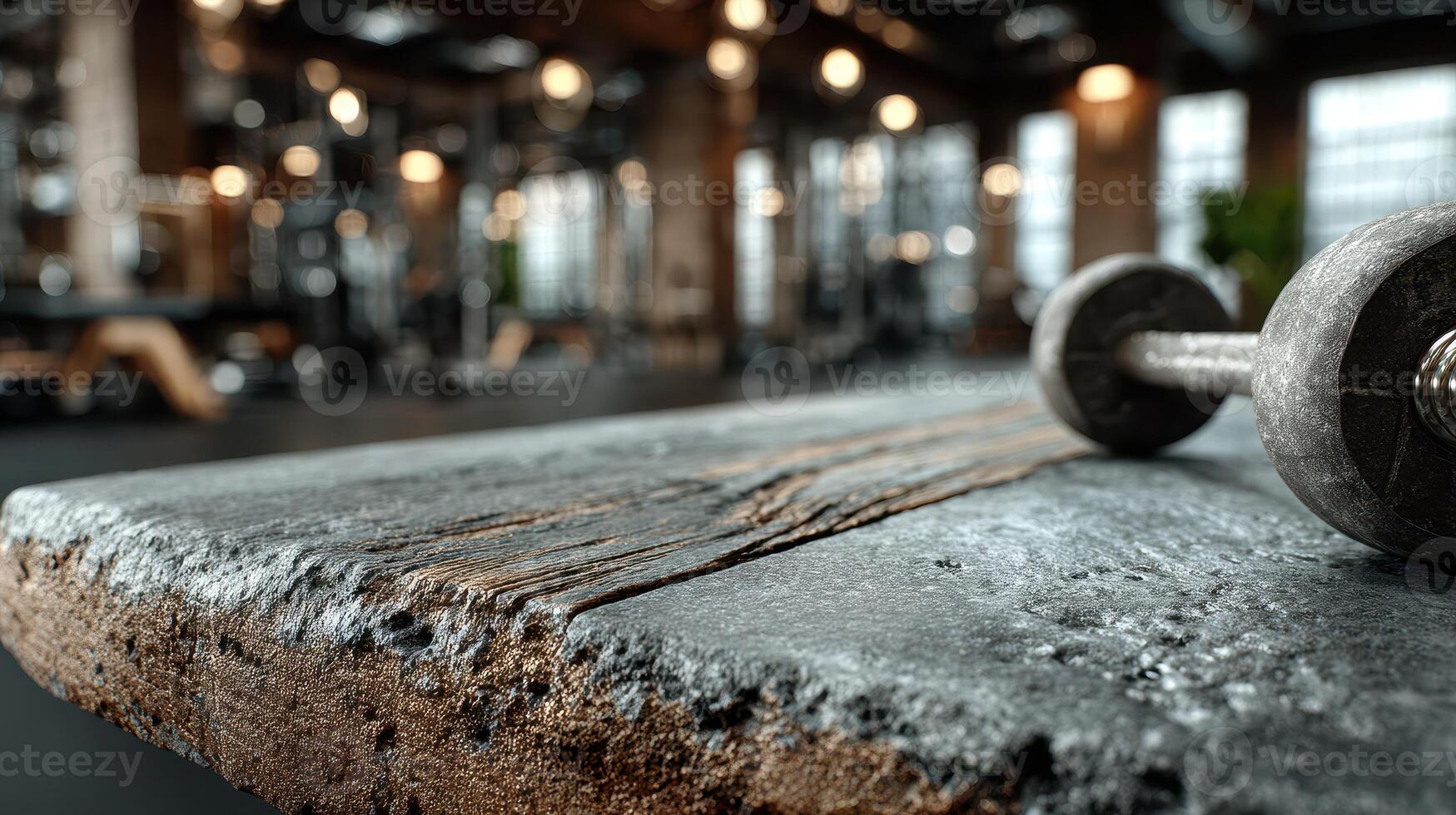 Dumbbell rests on a concrete surface in a modern gym with fitness equipment in the background during daytime photo