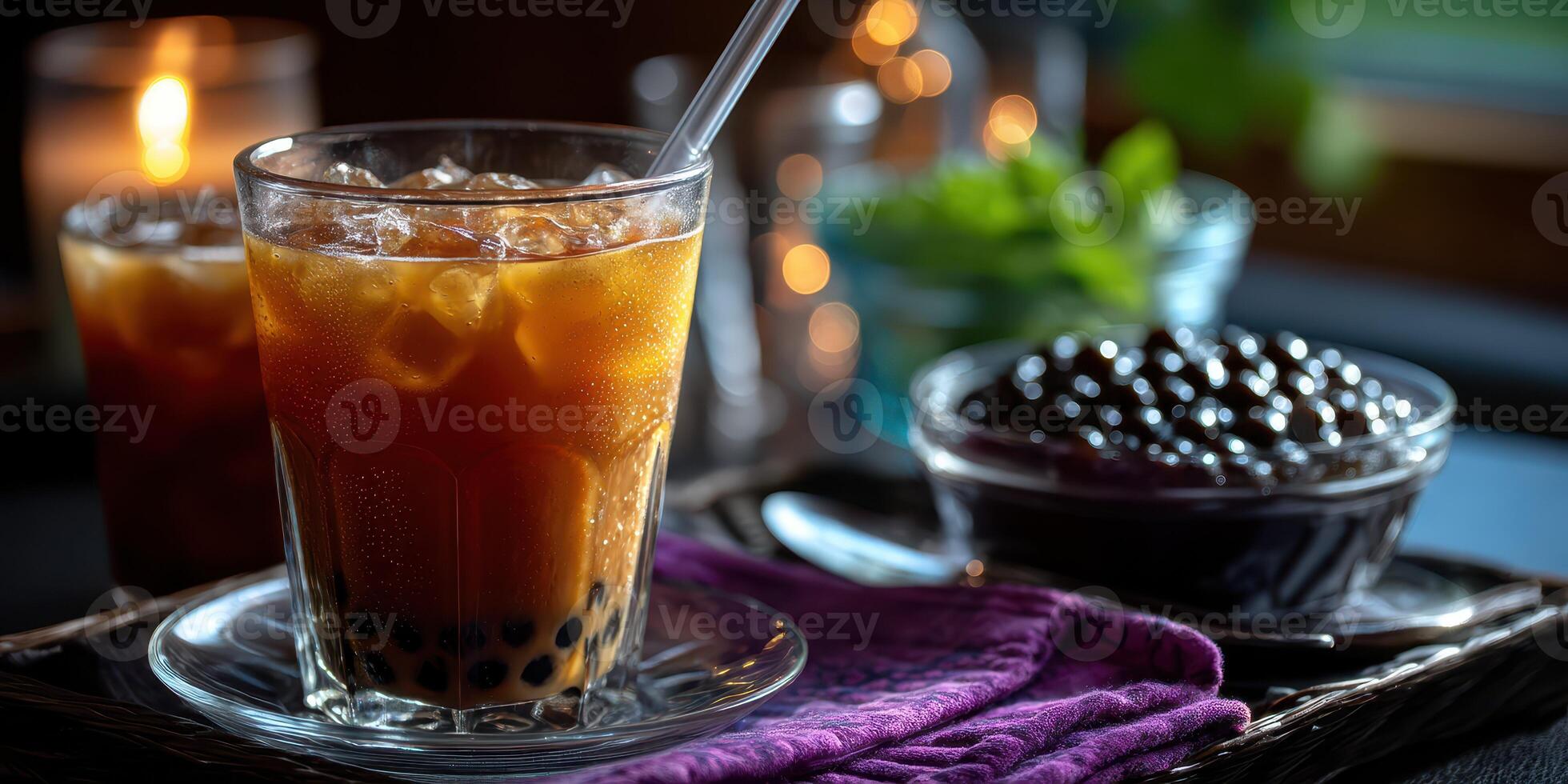 Refreshing bubble tea served with tapioca pearls in a cozy setting with warm lighting photo