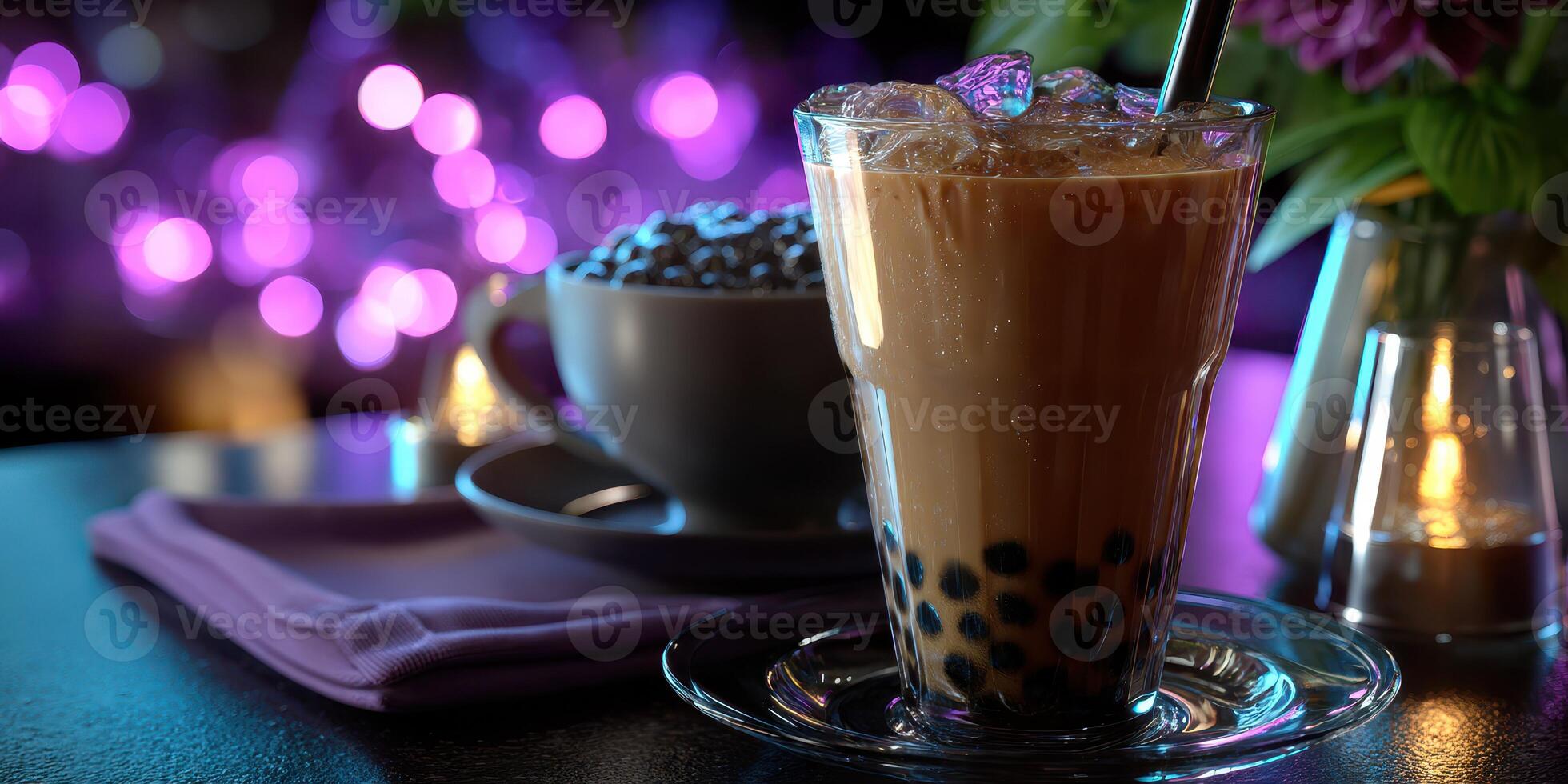 Refreshing bubble tea served in a tall glass with ice and tapioca pearls against a vibrant purple background photo