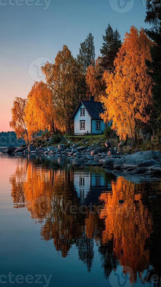 Charming lakeside cabin surrounded by autumn foliage at sunset photo