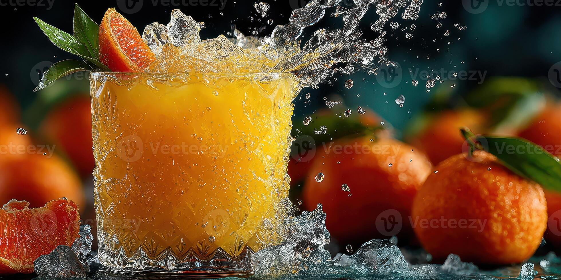 Refreshing citrus drink with splashing water among fresh tangerines on a vibrant blue backdrop photo