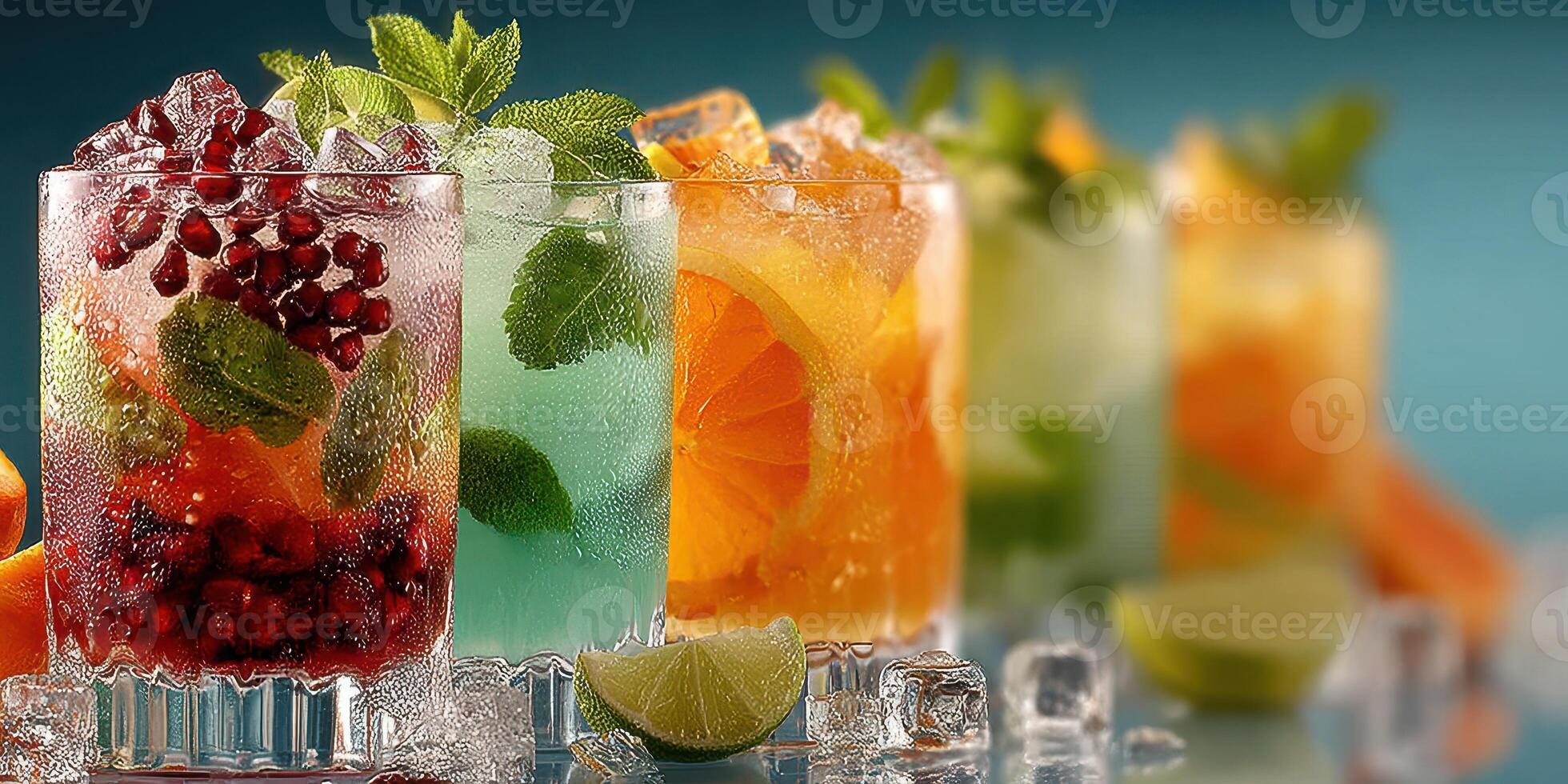 Refreshing summer cocktails arranged beautifully with vibrant colors and fresh garnishes on a cool blue background photo