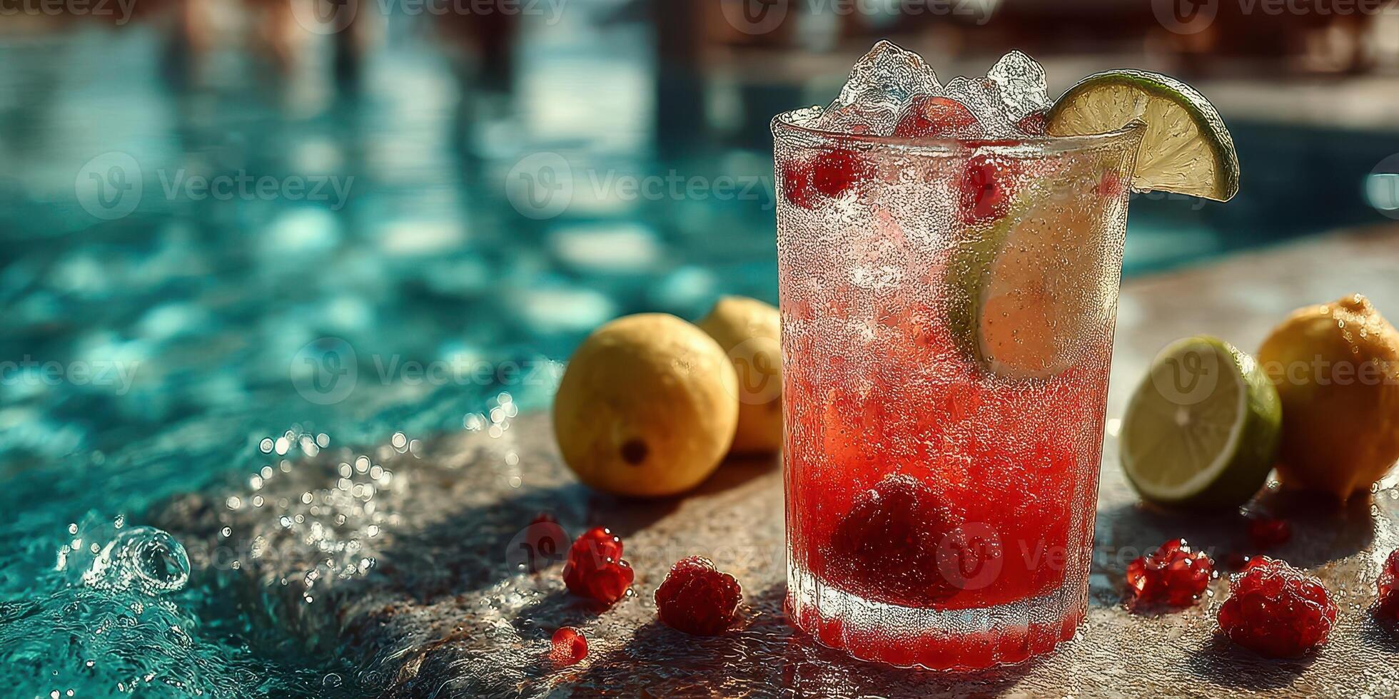 Refreshing fruity beverage garnished with lime and raspberries beside sparkling pool water during a sunny day photo