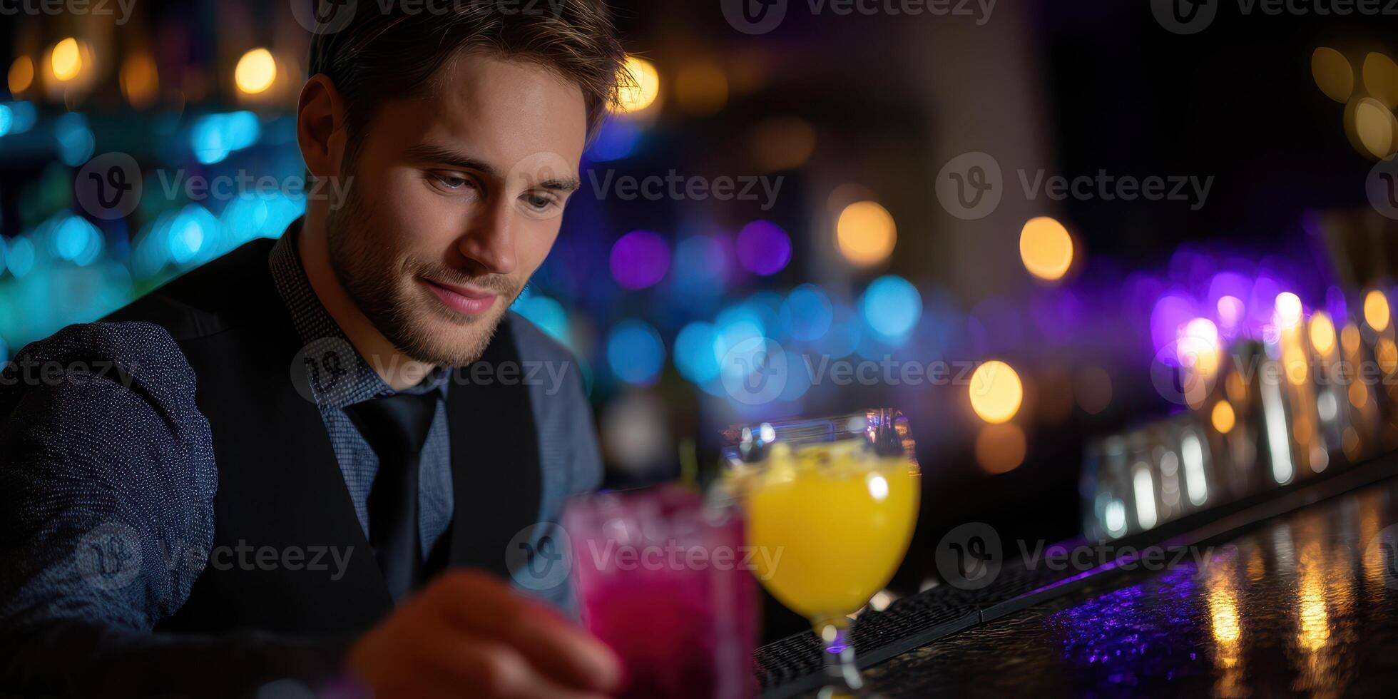 Bartender prepares colorful cocktails in vibrant bar setting during evening hours photo