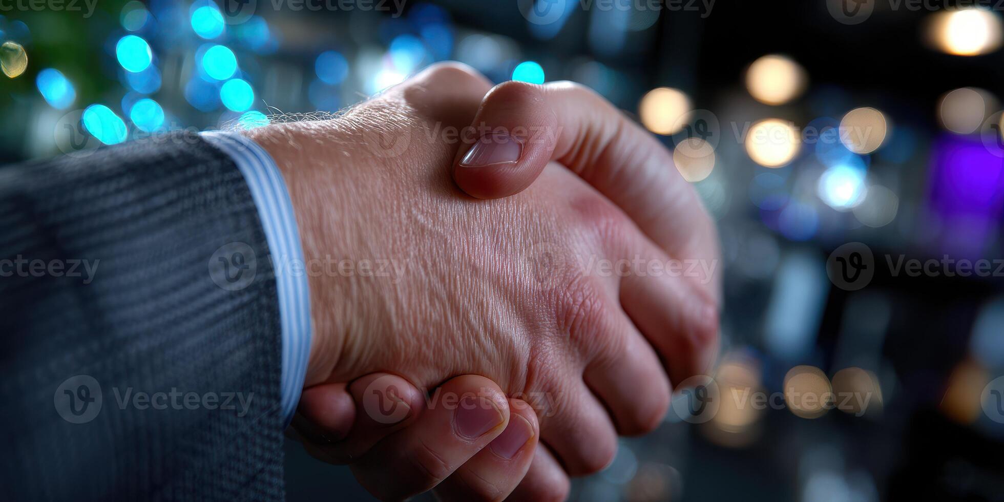 Business professionals engage in a firm handshake at a networking event in an elegantly lit venue during the evening hours photo