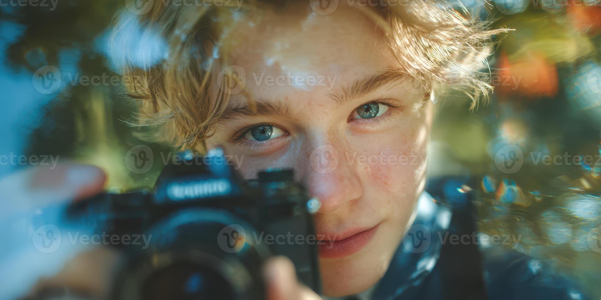 Young photographer capturing moments with a camera in a vibrant outdoor setting during daytime photo