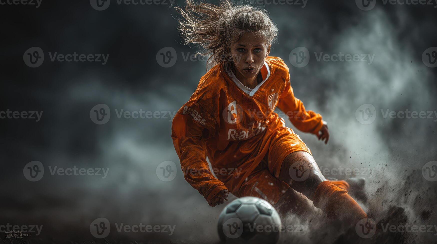 Young athlete advancing on the field during an intense soccer match in a dramatic setting photo