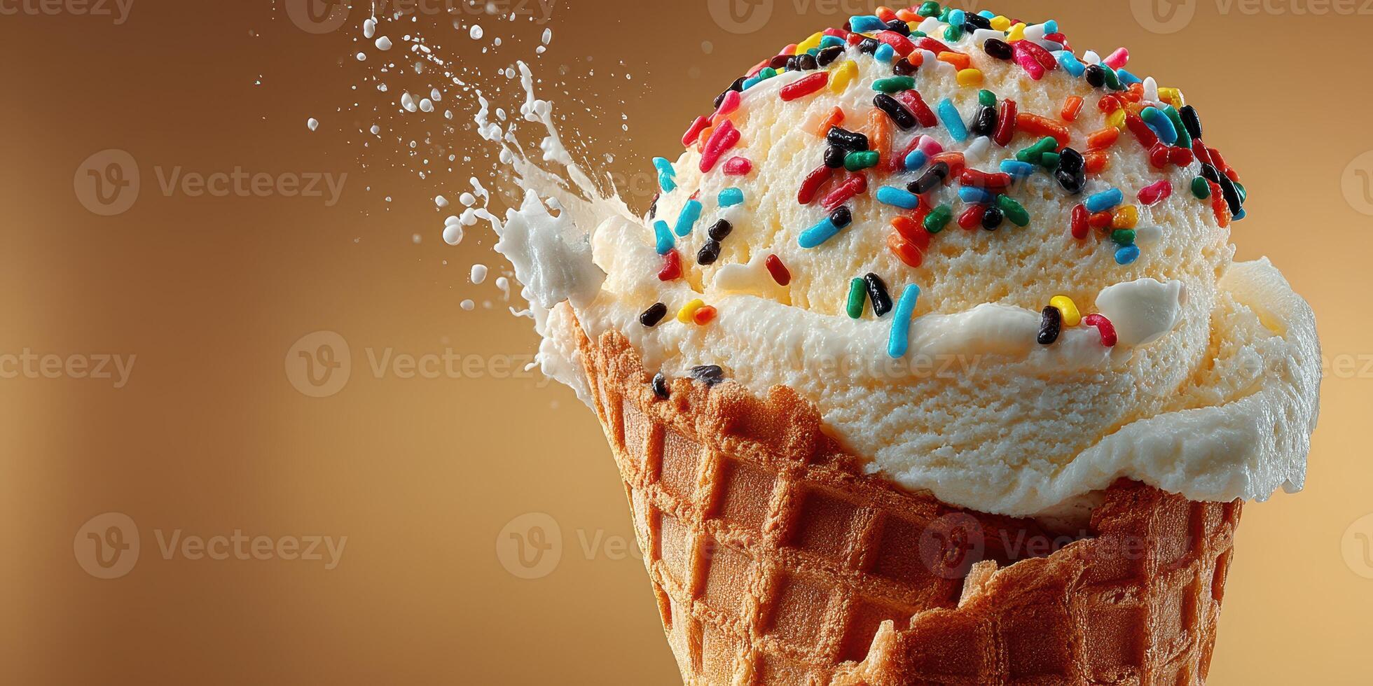Delicious ice cream cone topped with colorful sprinkles in a warm setting ready to be enjoyed photo