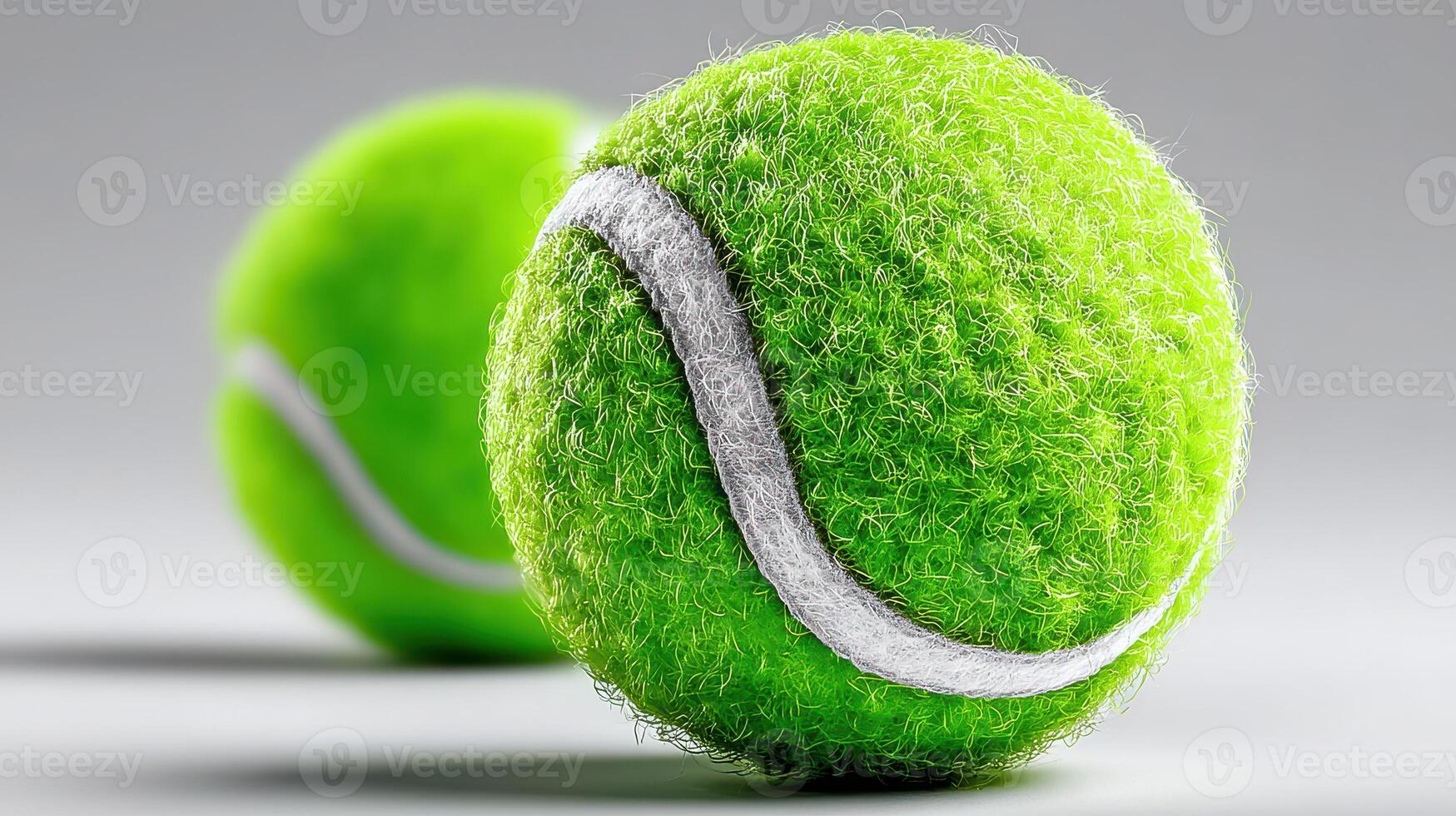 Bright green tennis balls resting on a smooth surface, showcasing their textured detail and vibrant color photo