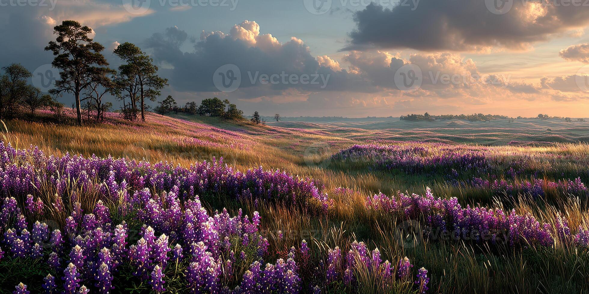 Colorful wildflower field at sunset with vibrant blooms and rolling hills in soft light photo