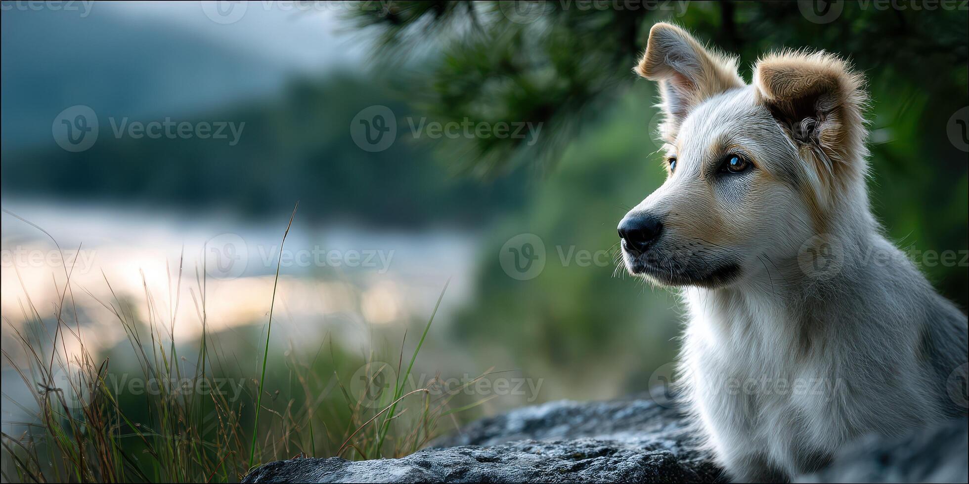 Dog sitting on a rock in a lush mountainous landscape during the late afternoon light near a shimmering lake photo