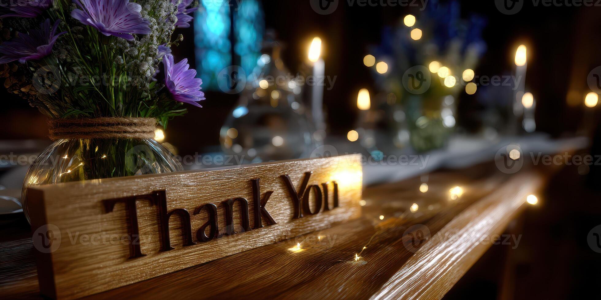 Elegant table setting with thank you sign and flowers for special occasion in dimly lit venue photo