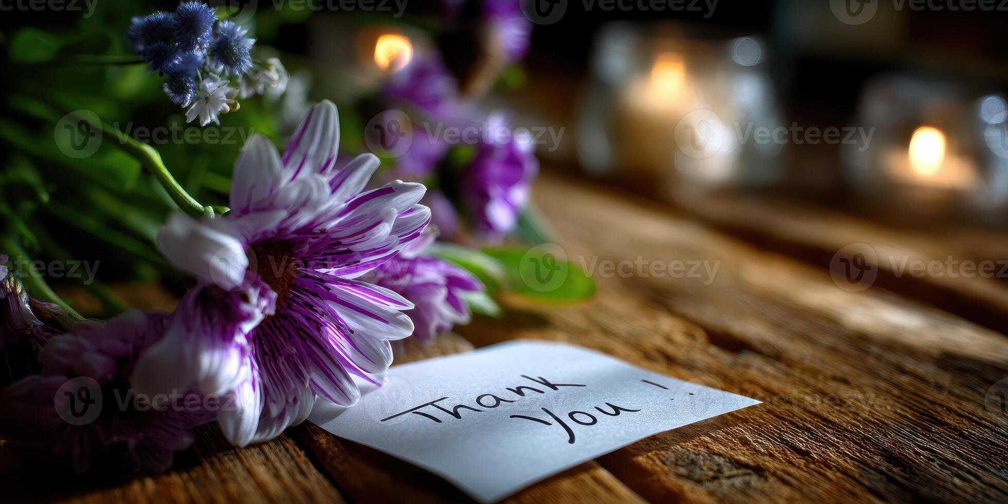 Beautiful flowers with a handwritten thank you note lit by soft candlelight on a rustic wooden table photo