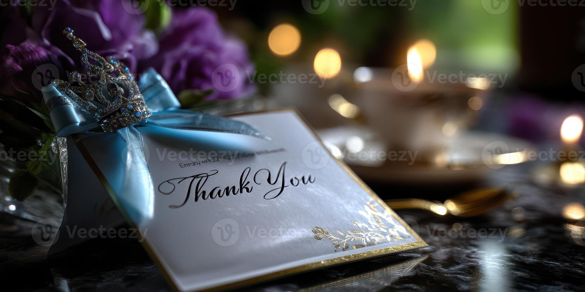 Elegant thank you card with crown decoration placed on a marble table alongside tea and flowers in soft candlelight ambiance photo