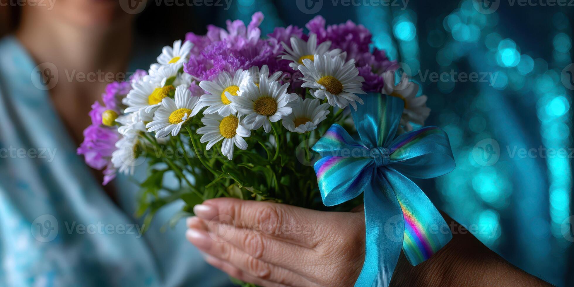 Colorful bouquet of daisies and purple flowers held by a person with a blue ribbon in a sparkling background photo