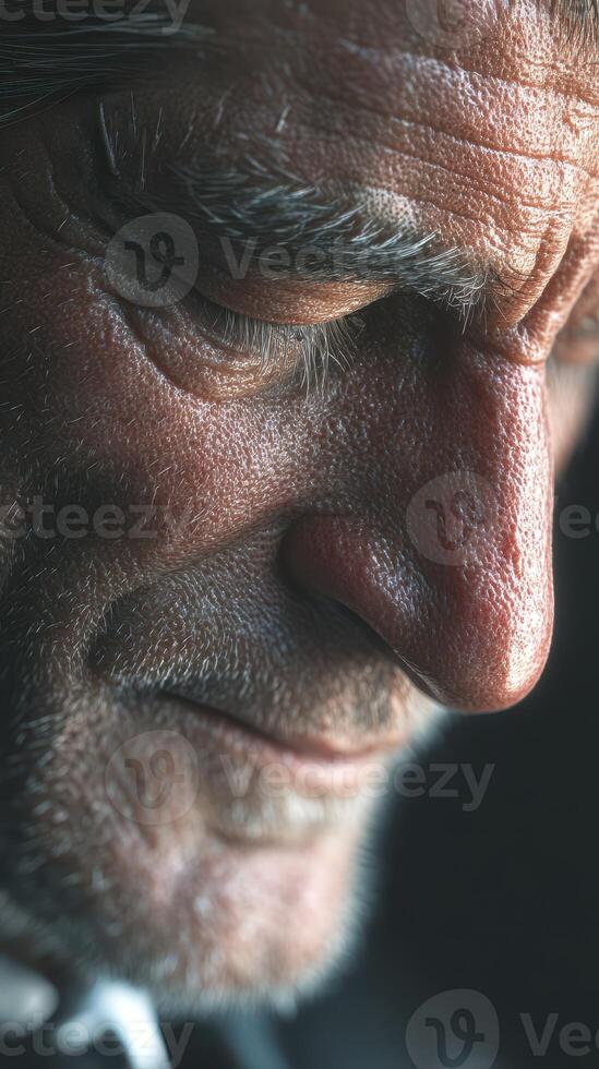 Elderly man with deep wrinkles reflecting emotions during quiet moment photo