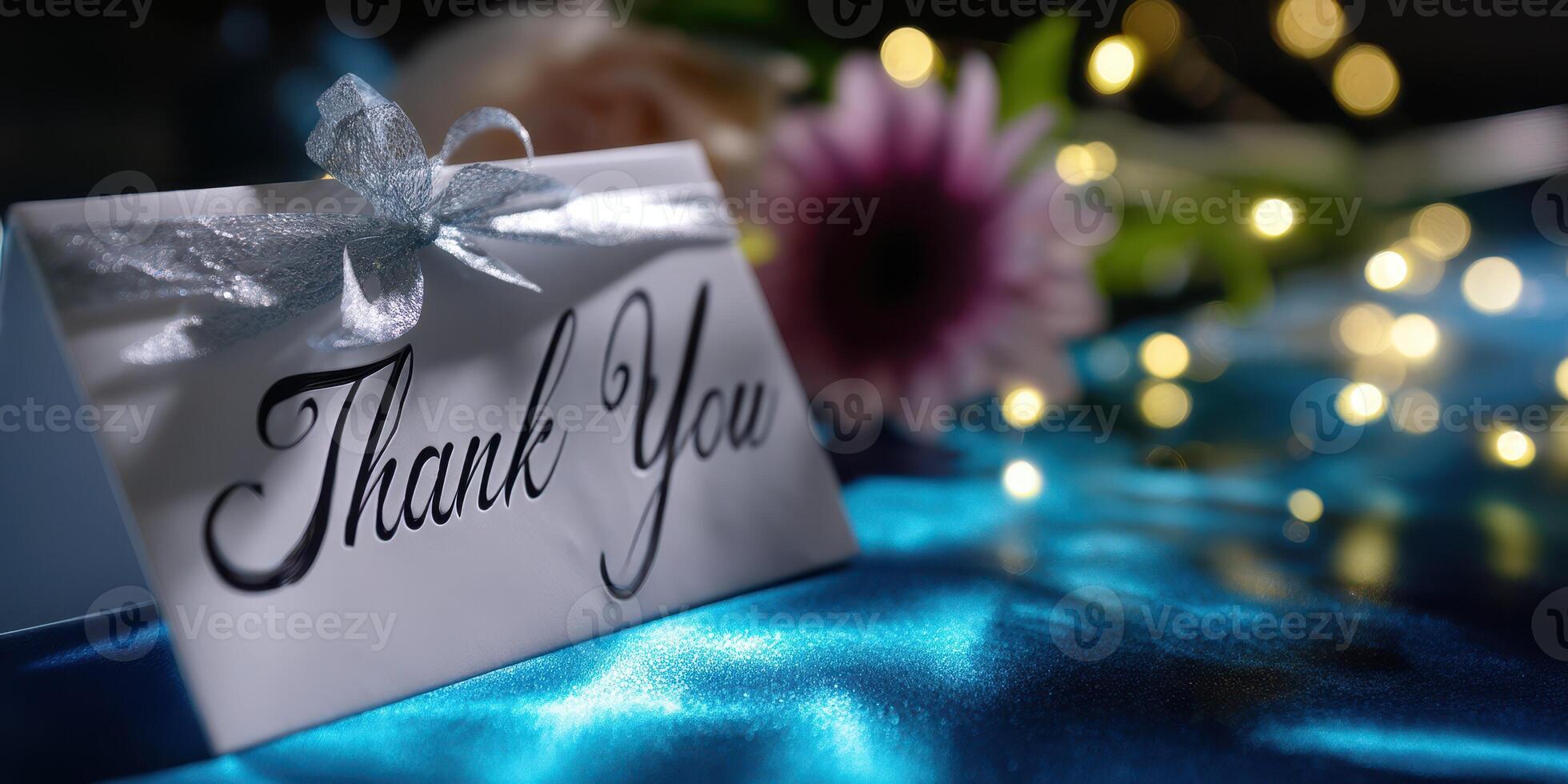 Elegant thank you card with ribbon rests on a turquoise surface surrounded by flowers and soft lights in a cozy setting photo