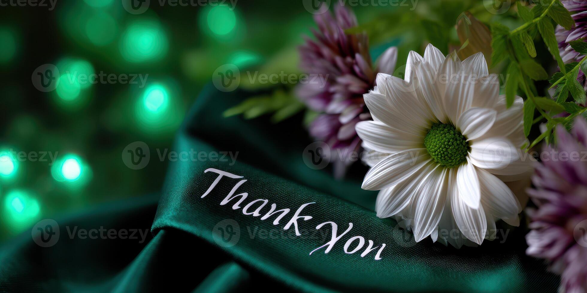 Decorative floral arrangement with thank you ribbon and green background photo