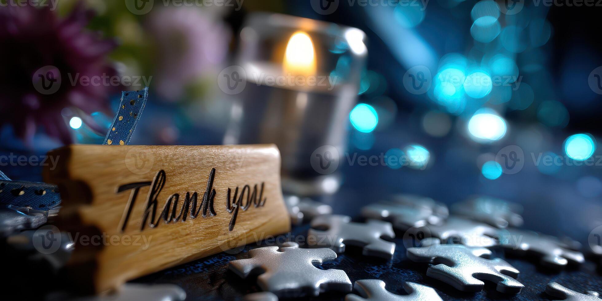 Decorative thank you card with candlelight and puzzle pieces arranged on table photo