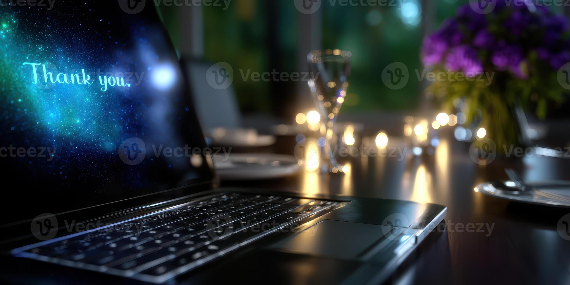 Elegant dinner setting with laptop displaying thank you message and candlelight ambience at night photo