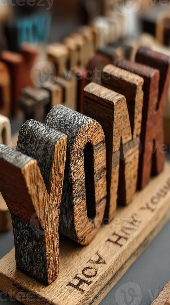 Wooden letters spelling YONK arranged artistically on a wooden base, showcasing craftsmanship and design elegance in a workshop setting photo