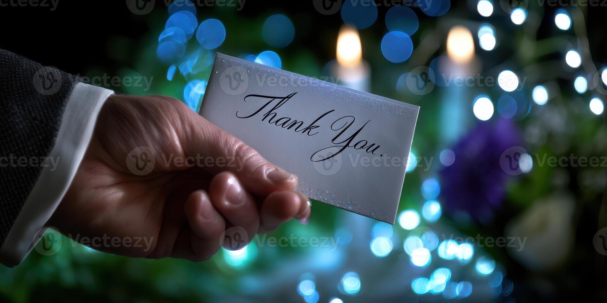 Elegant thank you card held in hand amidst soft bokeh lights and floral arrangements at a nighttime gathering photo