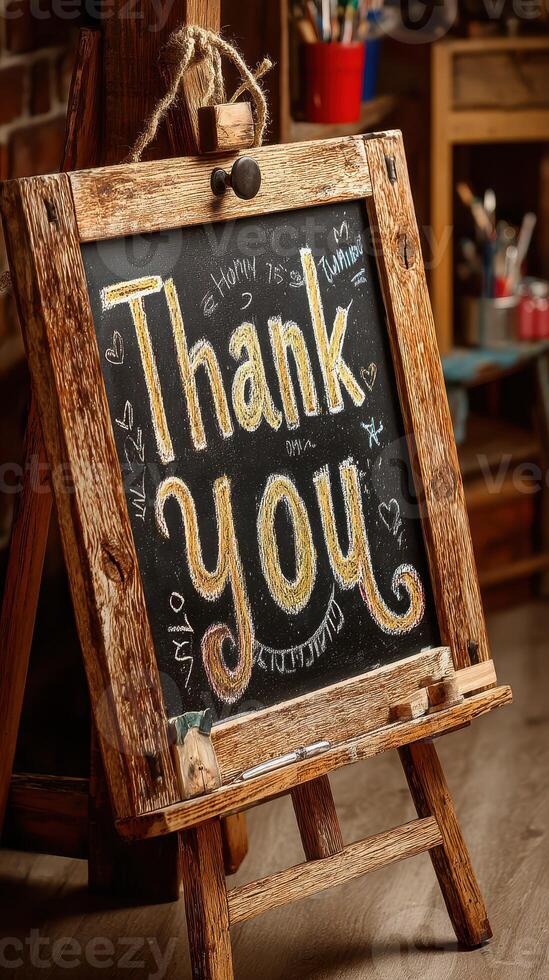 Thank you message written in chalk on a rustic easel in a cozy indoor setting during daylight photo