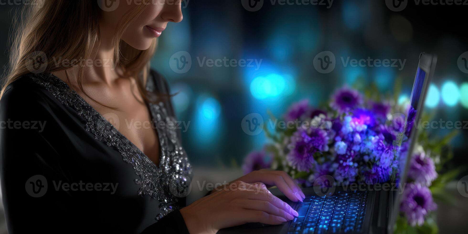 Woman working on laptop at night with glowing flowers in the background photo
