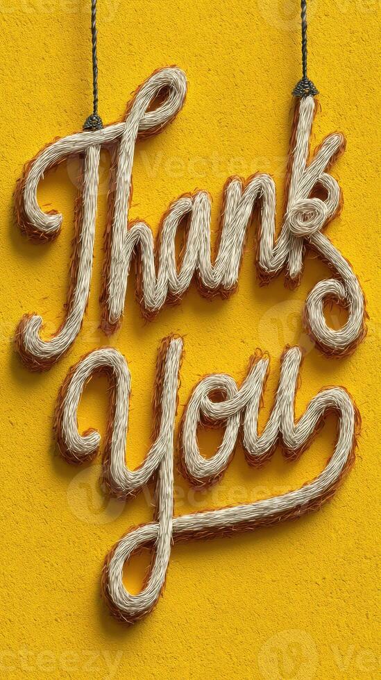 Handcrafted sign saying thank you hangs against a bright yellow wall in an inviting atmosphere photo