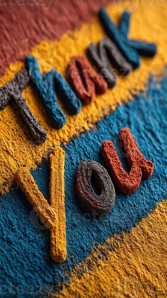 Colorful thank you message created with vibrant powder on a textured background in a creative workspace setting photo