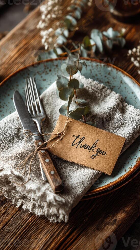 Cozy dining setup with a thank you card on a rustic table featuring cutlery and natural elements photo