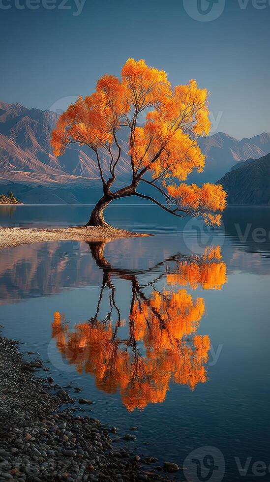 Beautiful autumn tree reflects on calm lake with majestic mountains in the background during golden hour photo