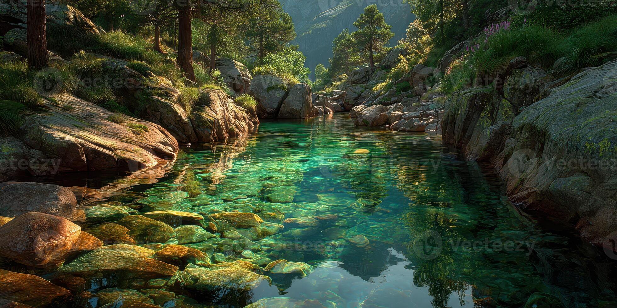Crystal clear mountain stream flowing between vibrant rocks and lush trees in a serene landscape setting during daylight photo