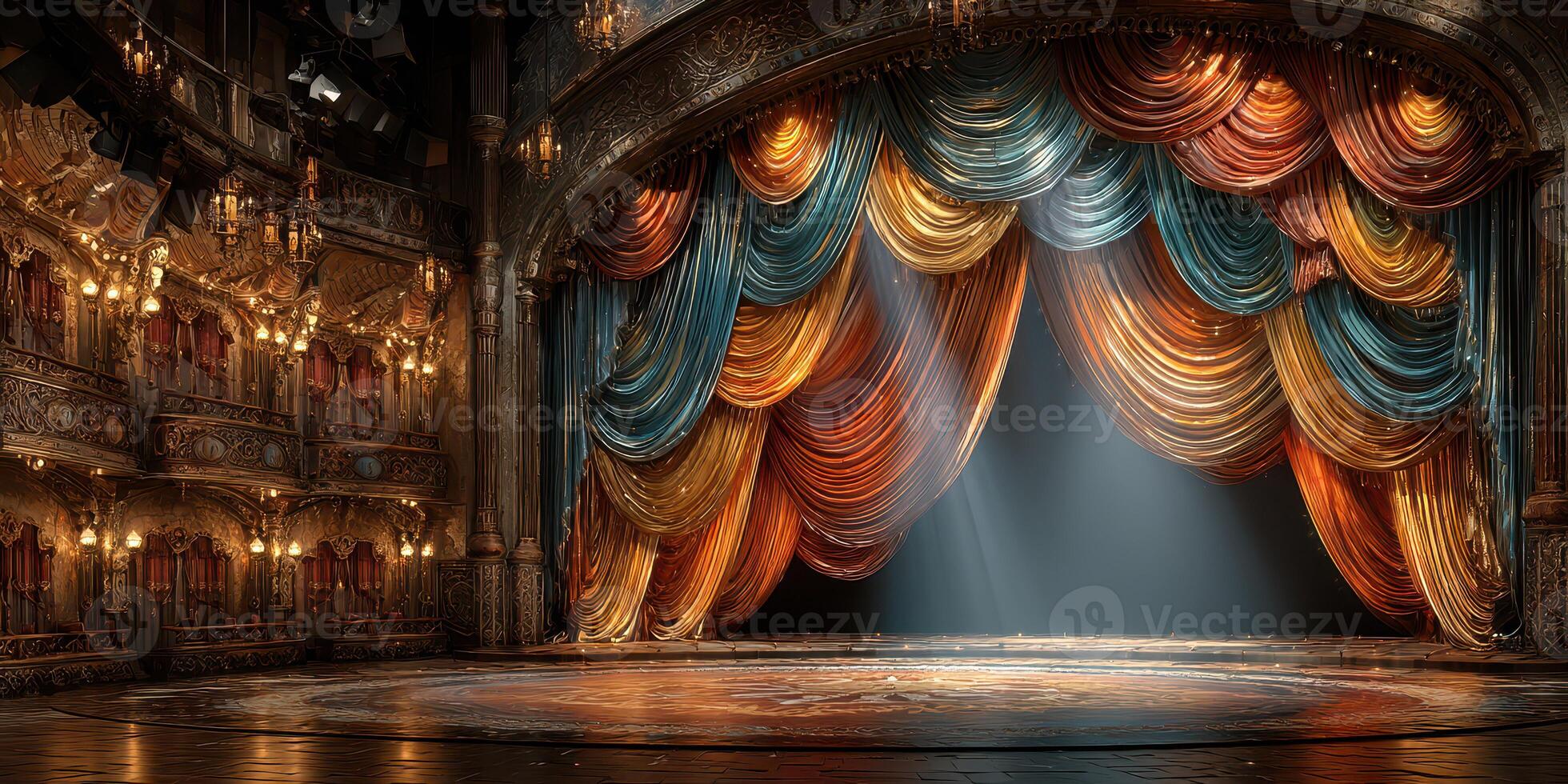 Stage set with colorful curtains and intricate design in an elegant theater photo