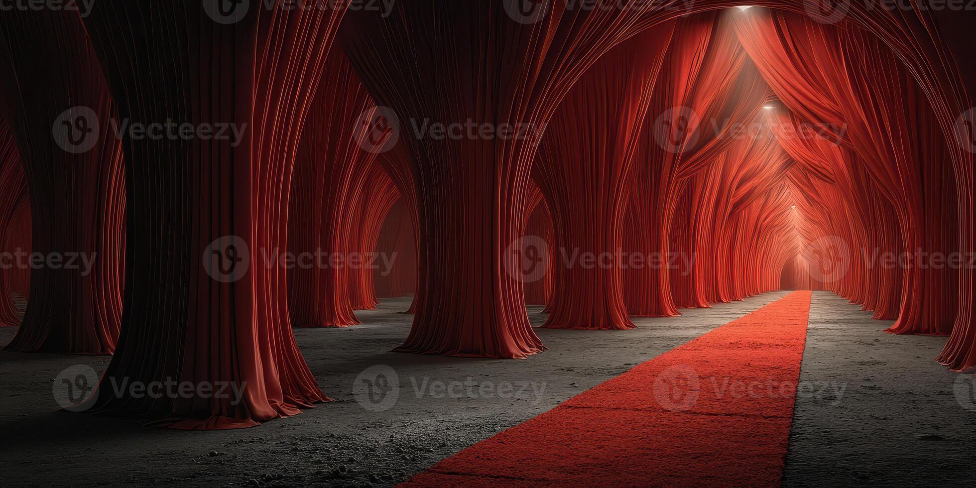 Red drapery transforms an expansive hall into a surreal corridor for an immersive experience and artistic expression photo