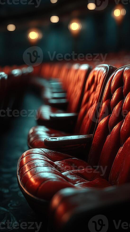 Velvety red theater seats illuminated by warm lights create an inviting atmosphere for upcoming performances at a historic venue photo