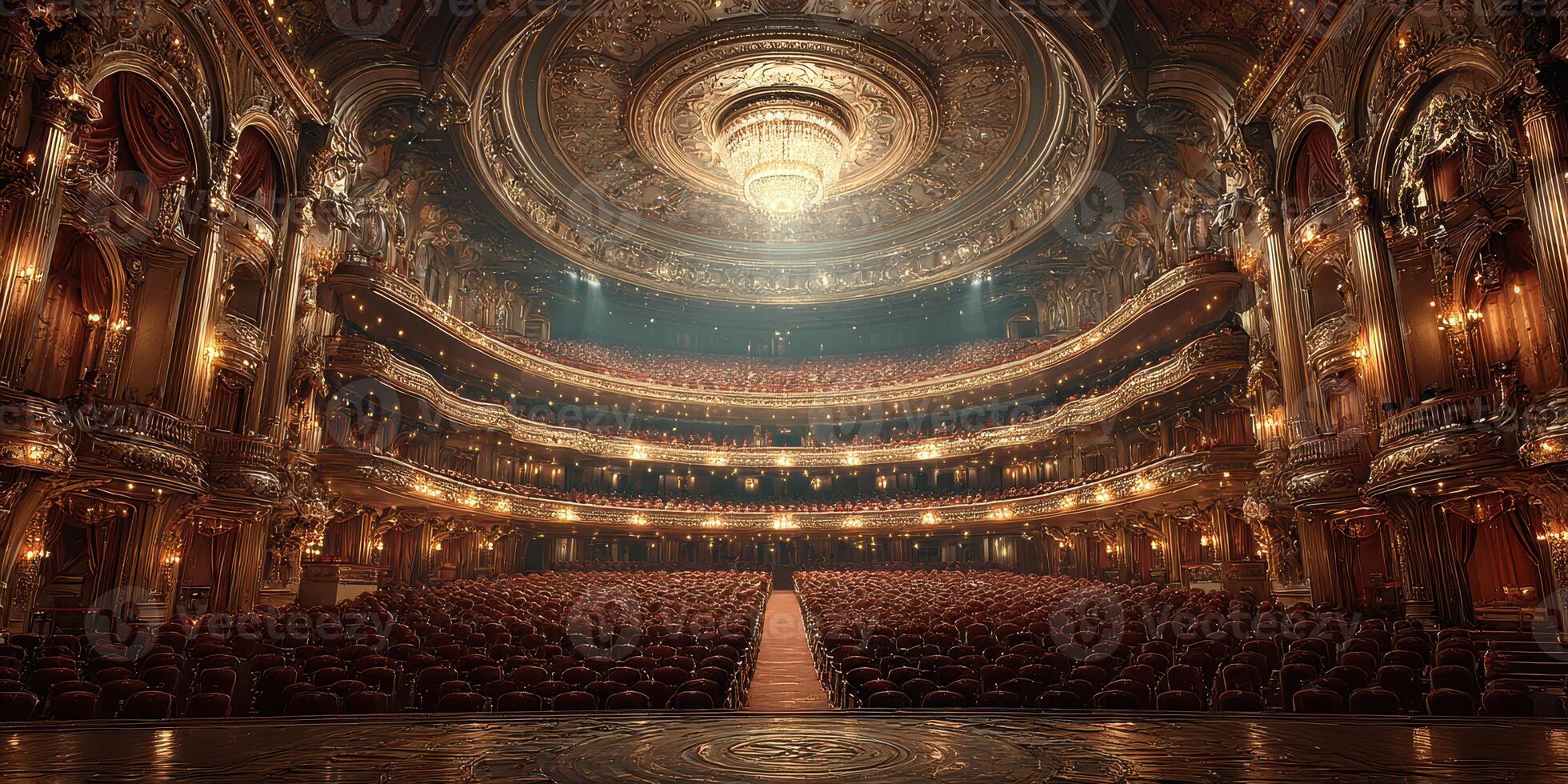 Majestic interior of an ornate theater with crystal chandelier and velvet seats captured during a performance photo