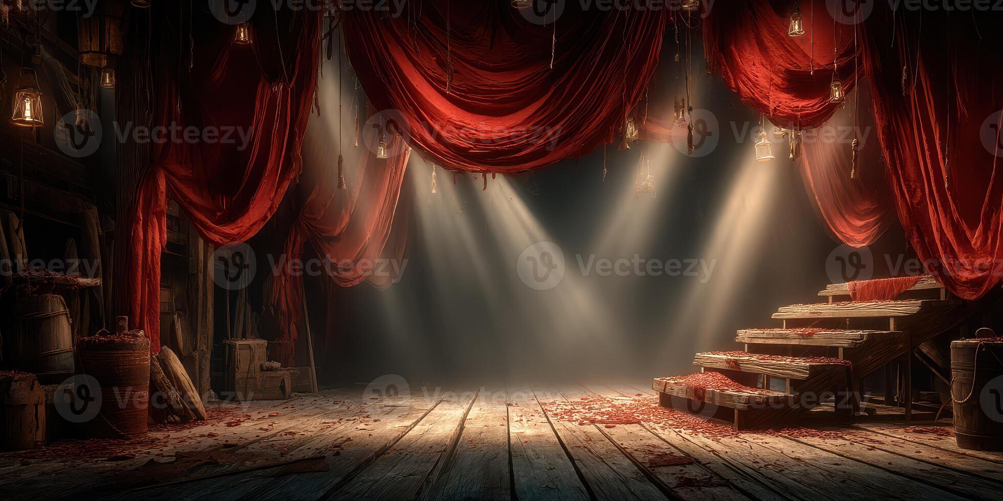 Mysterious stage setup with red drapery and soft lighting creates an enchanting atmosphere for a performance photo