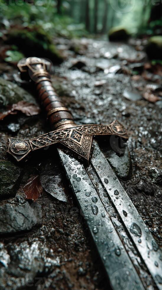 Ancient sword resting on a wet stone path in a dense forest after a light rain during the early morning hours photo