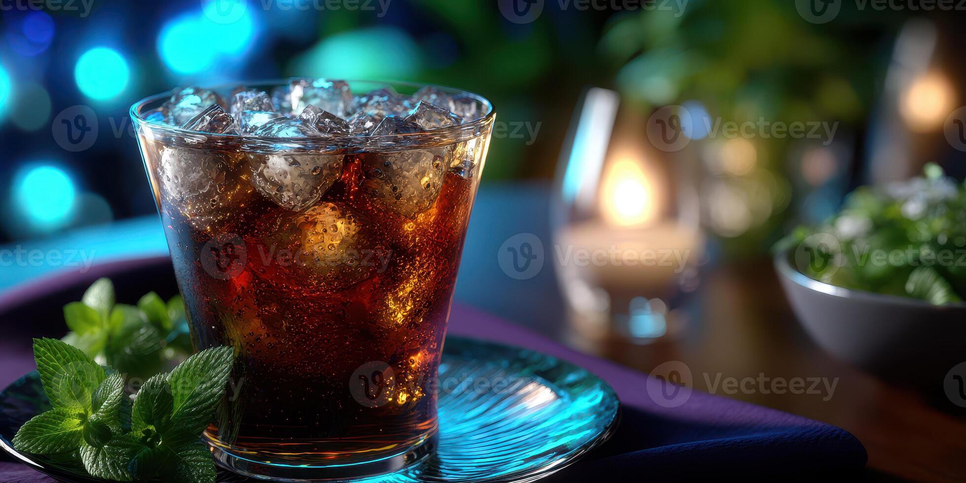 Refreshing drink with ice and mint leaves served in relaxing evening ambiance photo