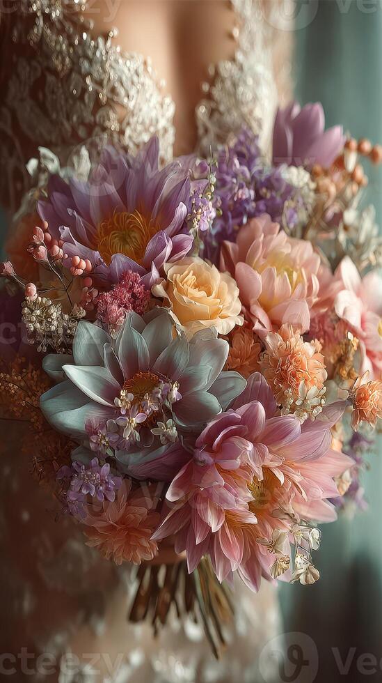 Bridal bouquet featuring intricate flowers in pastel hues for a wedding celebration photo